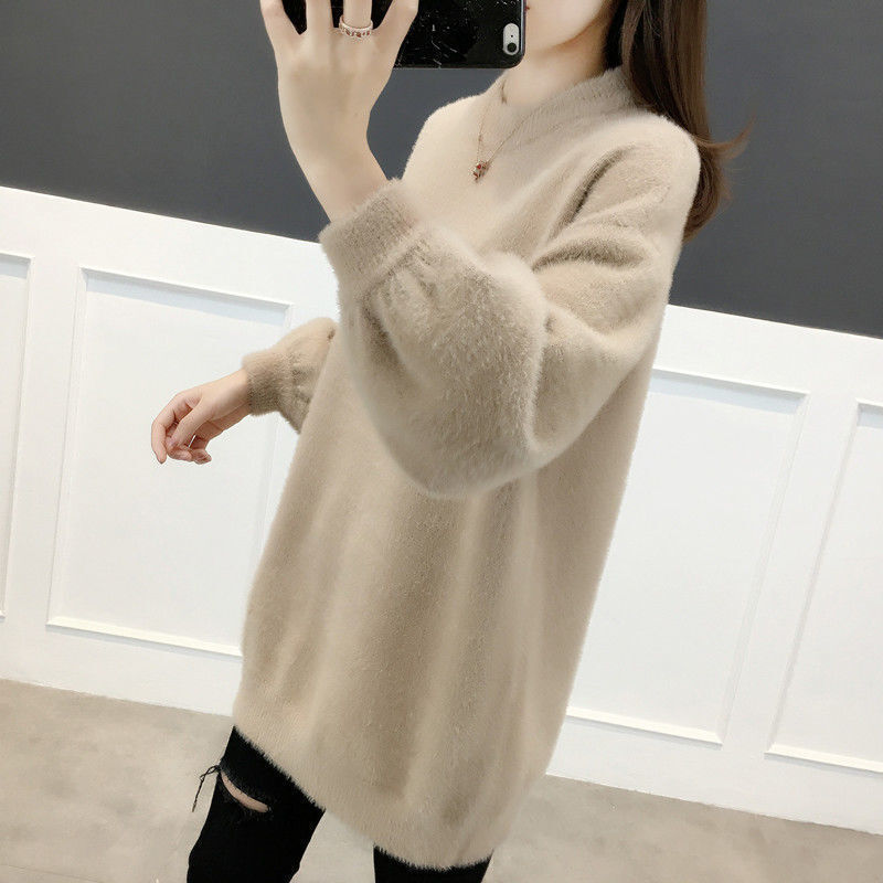 Women Solid Pullover Sweater Autumn Winter Korean Lazy Style Loose Plush Casual Long Sleeve Round Neck Clothes
