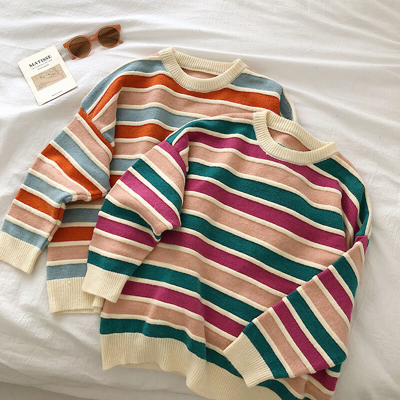 Autumn Winter Long Sleeve Striped Pullover Women Sweater Knitted 2020 Sweaters O-Neck Tops Korean Pull Female Clothing