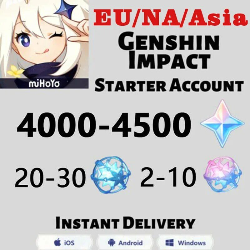 Genshin Impact Reroll Starter Account Cheaper 70+ Wishes Pulls Starter account 4000+ Gems 20+ Fates AR10-20 EUROPE/AMERICA /ASIA