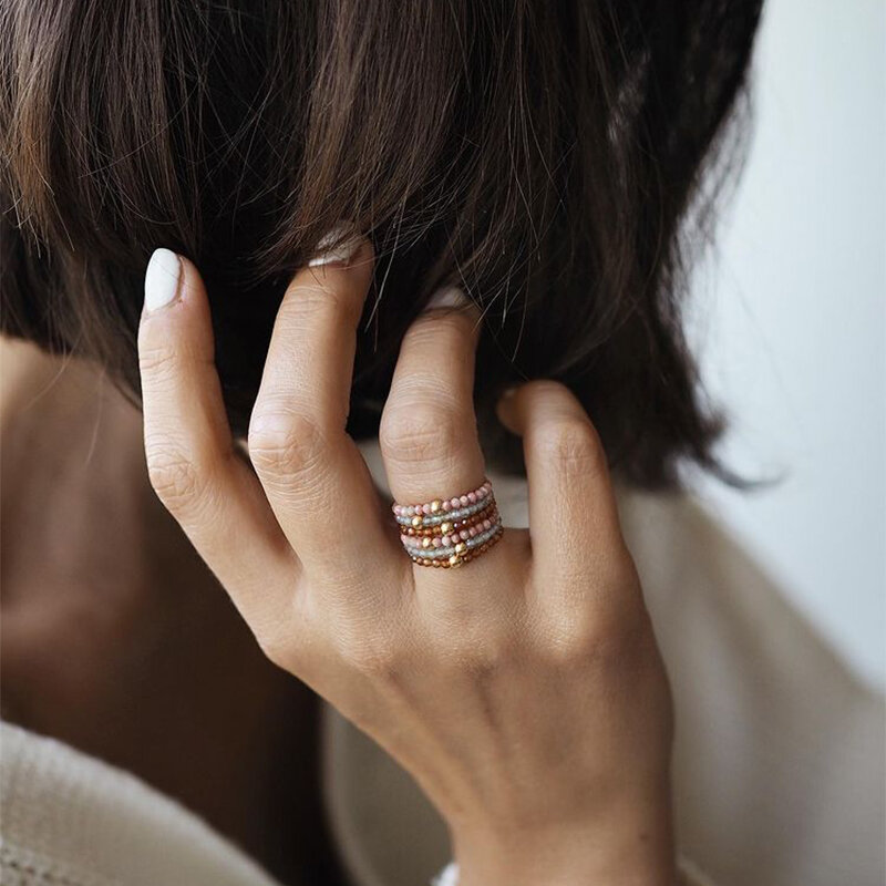 Momiji anéis artesanais de miçangas do boho, para mulheres e meninas da moda pedra natural, joias presentes atacado multi cores anel de casamento festa