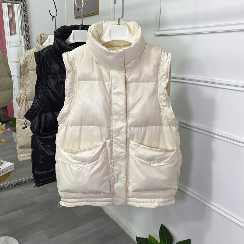 Veste en duvet de canard blanc pour femme, col montant, épais, chaud, décontracté, sans manches, nouvelle collection hiver 90%