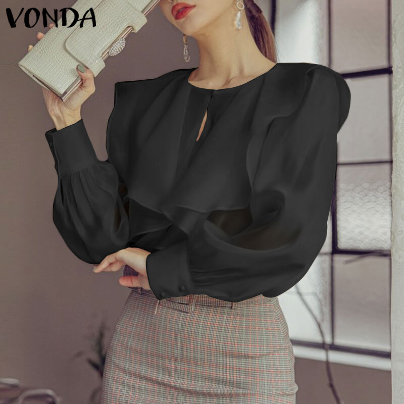 VONDA-Blusa de manga larga de encaje para mujer, camisa Sexy plisada de Color liso con botones, Tops informales, camisas de oficina para mujer 2022