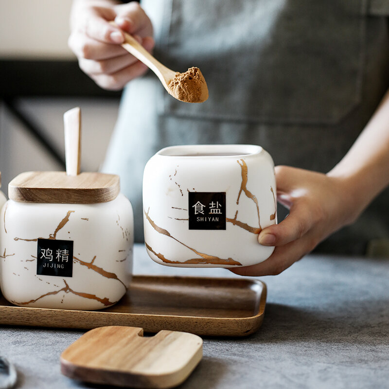 Nordik Matte Marmer Keramik Bumbu Dapat Kreatif Dapur Kotak Tangki Set Penutup Kayu Baki Garam Pengocok Bumbu Jar Aksesoris Rumah