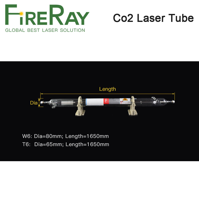 FireRay-Reci 레이저 튜브 W6 T6 130W, 길이 1650, 직경 Co2 레이저 조각 절단기 S6 Z6 용 80 65mm CO2 레이저 튜브
