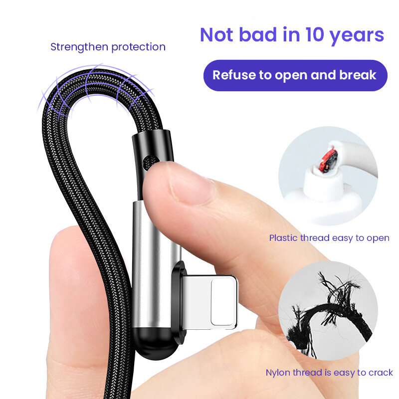 3A 90 Degree Fast Charging USB Cable For iPhone 13 12 11 Pro Max XS XR X 8 7 6 6S L-shape Nylon USB Wire Cord Alloy Phone Cable