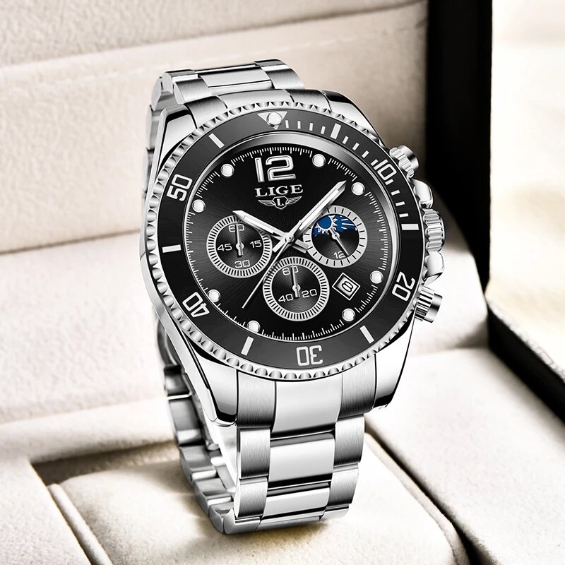 LIGE-새로운 패션 다이버 남성 시계, 스테인레스 스틸 스포츠 크로노 그래프 + 박스, 최고 브랜드 럭셔리 방수 쿼츠 시계, 2021