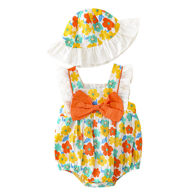 Yg brand baby suit 2021 summer new Jumpsuit girl baby seaside holiday bow sleeveless bag fart coat hat two piece set