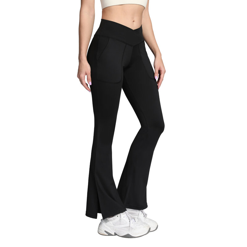 Pantalon taille haute pour femmes, jambes larges croisées, poches sur les hanches, couleur chair, Fitness, Yoga, danse, Fitness