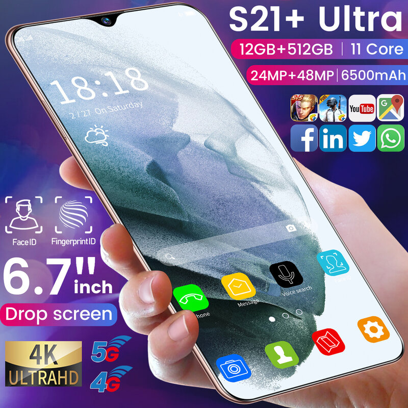 Galay S21 Ultra globalna wersja Smartphone 6.7 Cal 12GB RAM 512GB ROM 5G 48MP tylna kamera Android11 MTK6889 telefon komórkowy