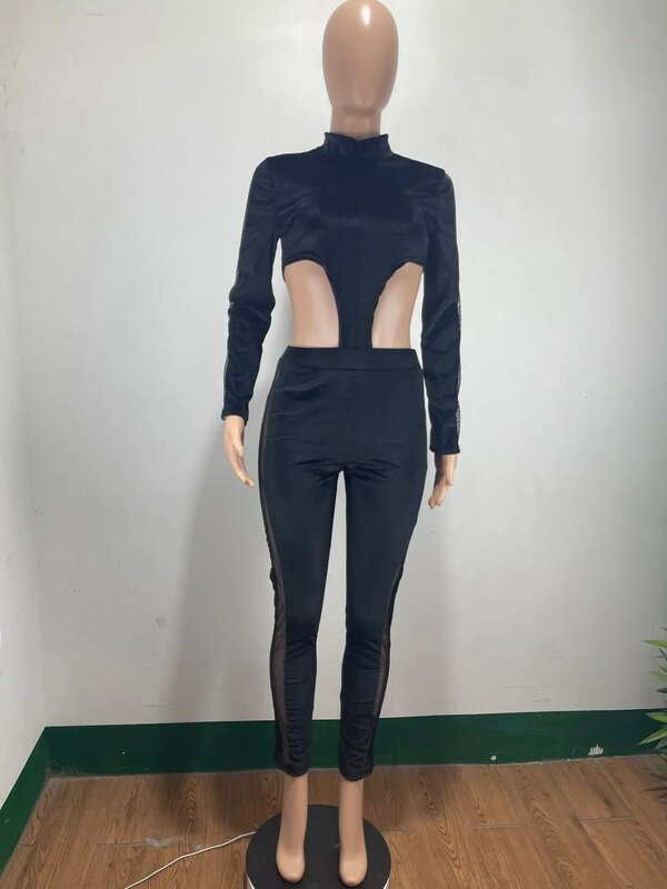 Fitness Women Rompers Solid Long Sleeve Cut Out High Waist Skinny Jumpsuits 2022 Autumn Winter Sexy Night Club Party One Piece