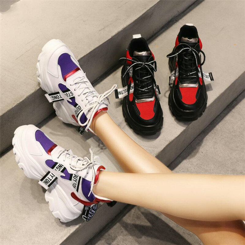 2020 wiosna nowe skórzane damskie platformy Chunky Sneakers moda kobiety płaskie gruba podeszwa buty kobieta tata obuwie