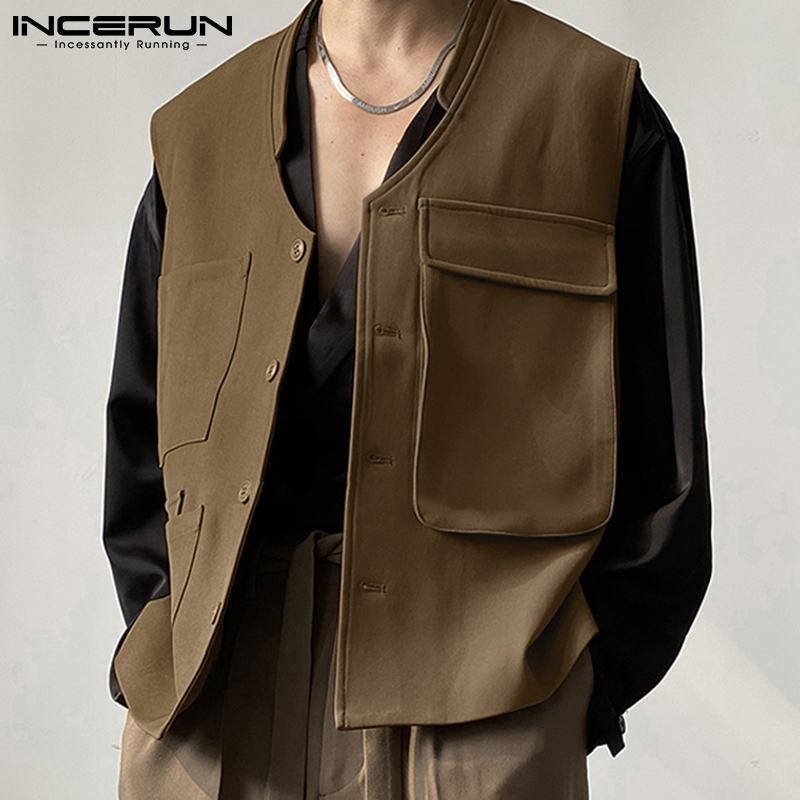 패션 캐주얼 남성 조끼 양복 조끼 느슨한 모든 경기 간단한 민소매 셔츠 멀티 포켓 겉옷 S-5XL INCERUN 탑스 2021