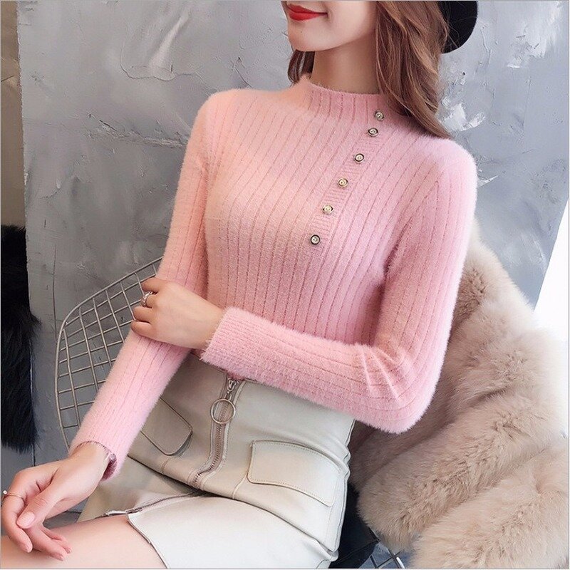 Faux Mink Velvet Button Bottom Slim Sweaters Women Warm Knitted Sweater Pullover Female Spring High Collar Solid Color