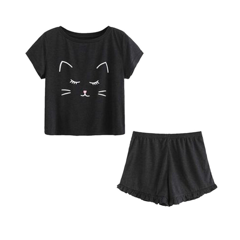 المرأة الصيف 2 قطعة عارضة القط المطبوعة الملابس مجموعات قصيرة الأكمام يا الرقبة أعلى T قميص + الصلبة عالية الخصر تكدرت السراويل الملابس