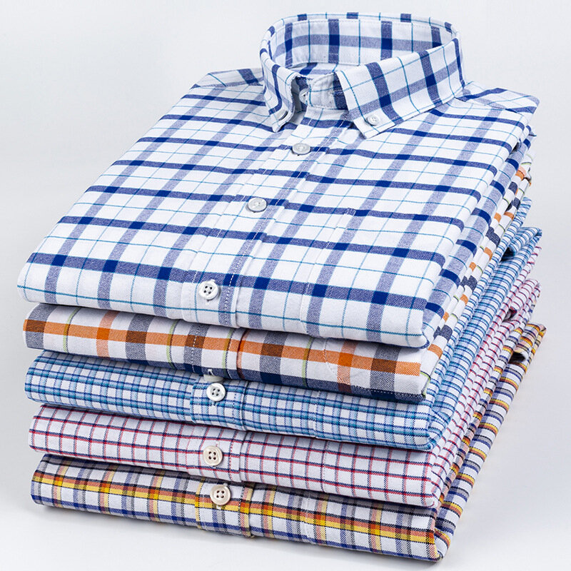New 100% Cotton Oxford Mens Plaid Shirts For Man Long Sleeve Casual Korean Slim Camisas Shirt Male Pocket Button Social Clothing