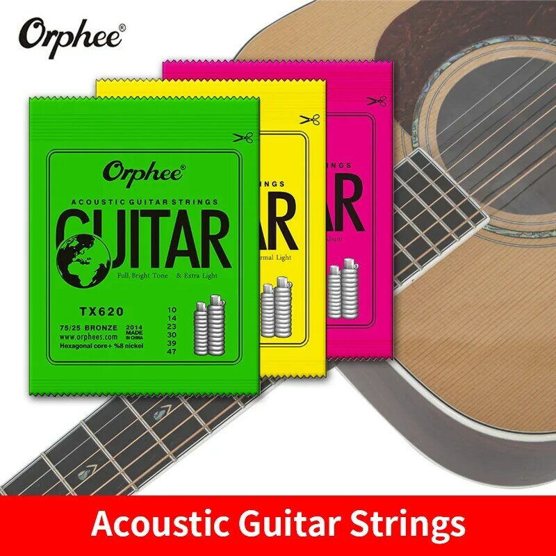 Orphee Strings สำหรับ Acoustic กีตาร์ TX Series ฟอสฟอรัสพื้นบ้านเหล็กกล้าคาร์บอนหกเหลี่ยมโลหะกีต้าร์อุปกรณ์เส...