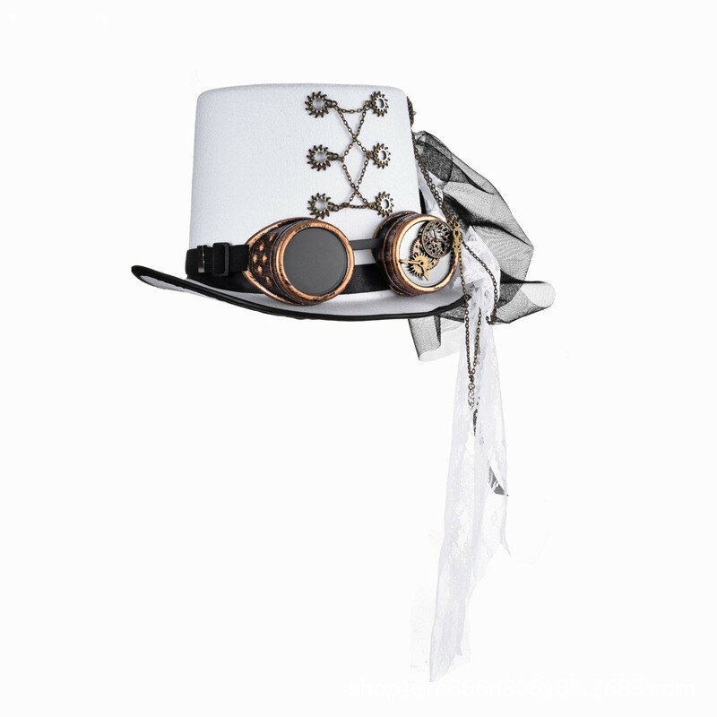 Sombrero Retro Steampunk para hombre, con cadena de Metal, gafas de encaje, sombrero de mago, para fiesta de Halloween, Cosplay