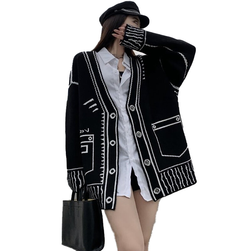 Chaqueta de moda con cuello en V para mujer, suéter Retro suelto, nueva versión de cárdigan de punto salvaje, chaqueta de un solo pecho 2021
