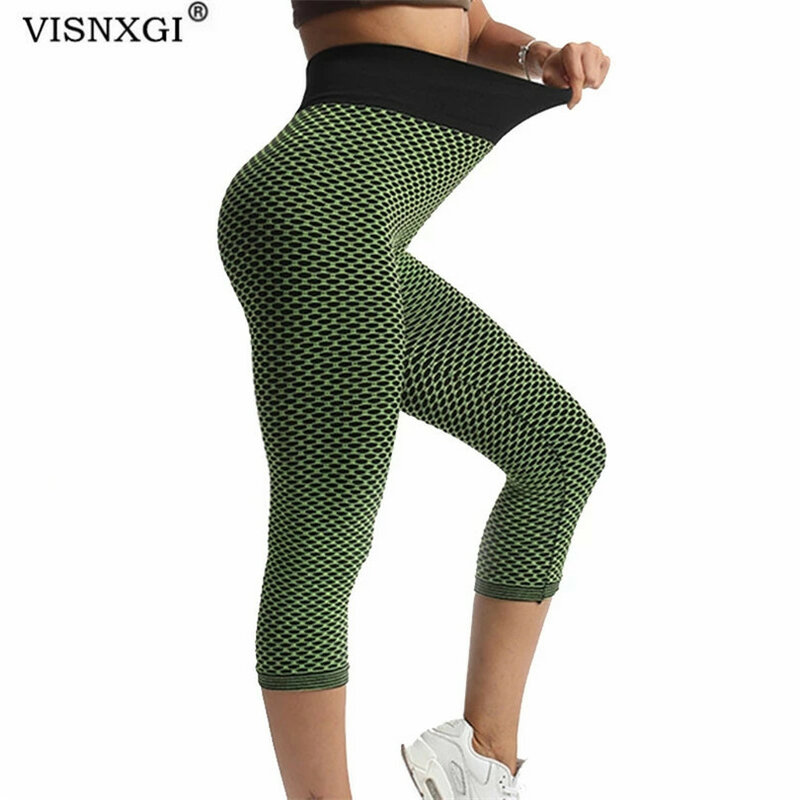 VISNXGI Grid pantaloni da Yoga attillati donna Leggings a vita alta senza cuciture palestra traspirante Fitness Push Up abbigliamento allenamento Capris polpaccio