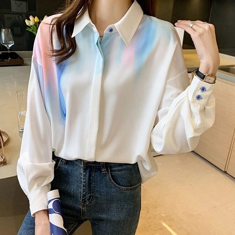 Chemise arc-en-ciel à manches longues pour femme, vêtement décontracté, imprimé à l'encre, design, nouveau tempérament, 2021