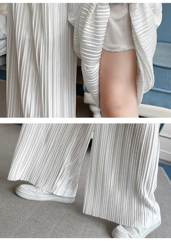 弾性ウエストソリッドルース女性の白ハイウエストプリーツ氷の絹の薄いカジュアルワイド脚パンツ女性服905J