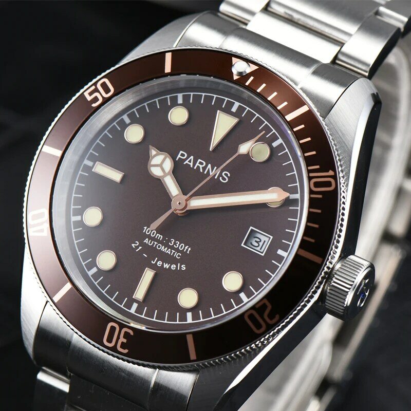 Модные мужские автоматические светящиеся механические Спортивные часы Parnis 41 мм с коричневым циферблатом, мужские часы