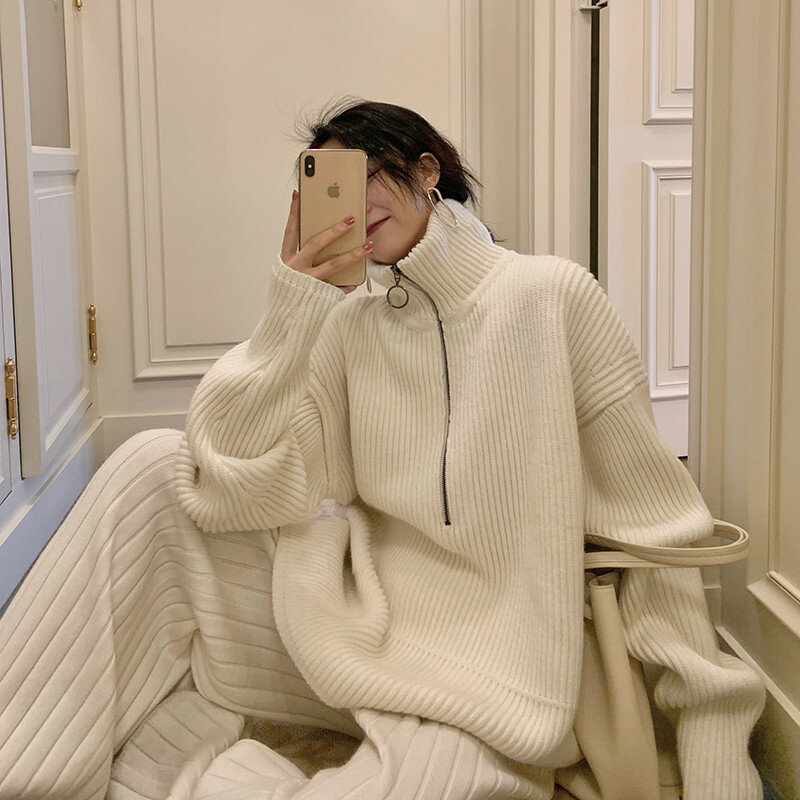 Suéter holgado blanco para mujer, ropa exterior con cremallera, cuello alto, estilo perezoso, Otoño/Invierno, novedad de 2021