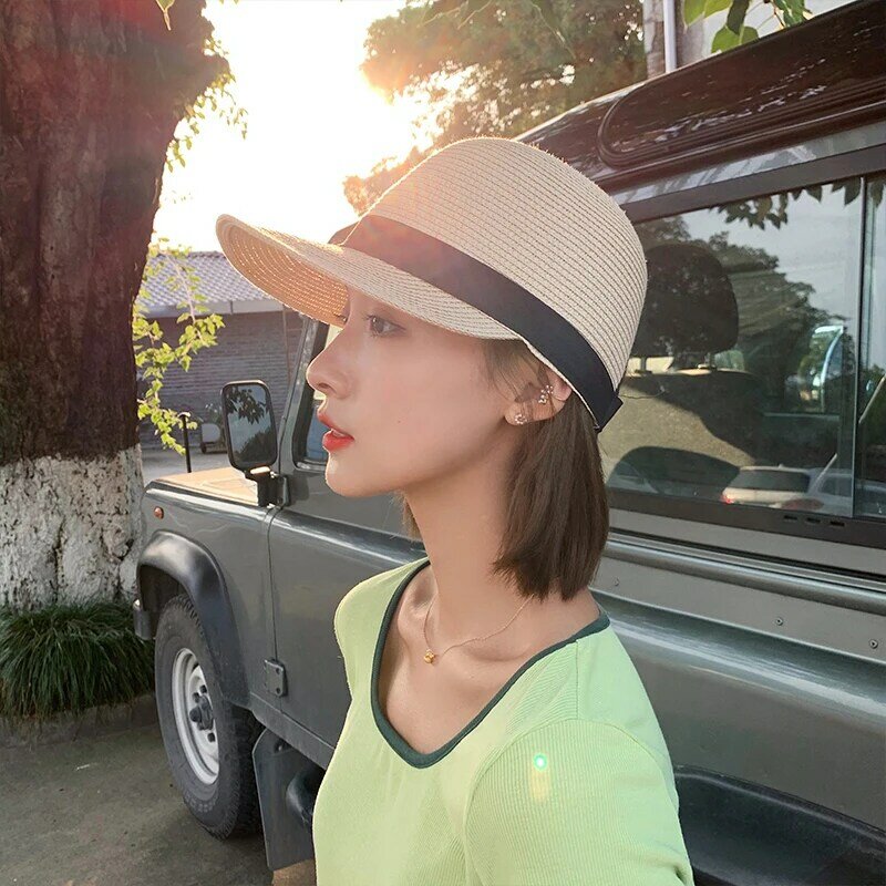 わら帽子女性ビーチ太陽保護太陽プルーフ織ハンチングイントレンディ夏薄型帽子韓国スタイル流行すべてマッチ