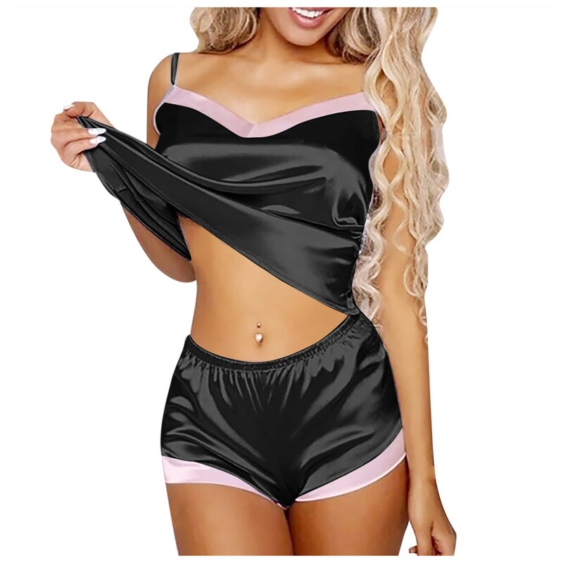 Women's Pajamas Set Home Suit Top And Shorts Sexy V-neck Sleeveless Satin Lace Sleepwear Pijama For Women 2021 Пижама Женская
