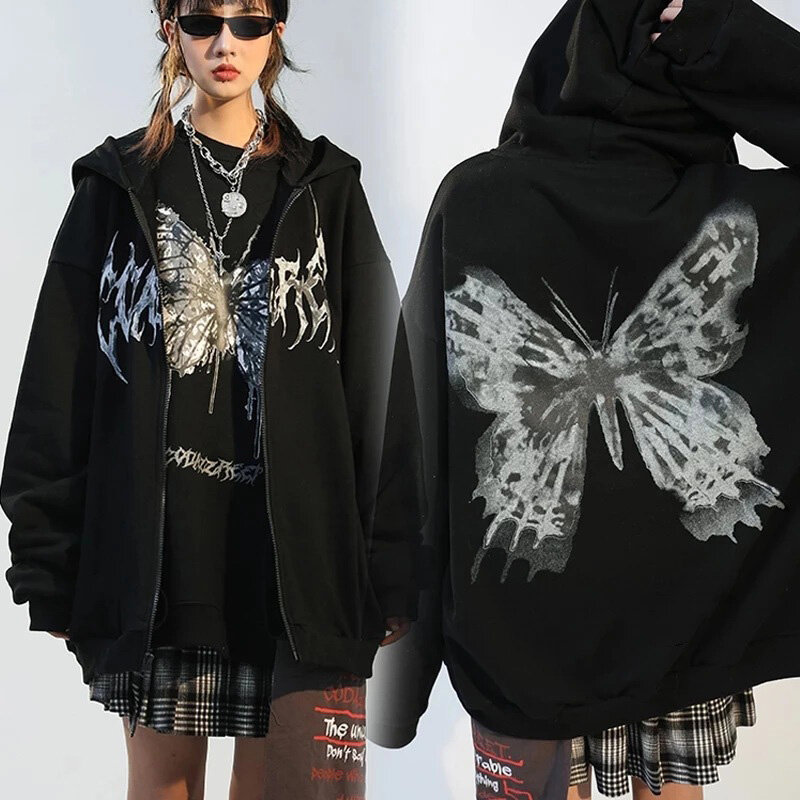 hirigin Women Gothic Hoodies Hip Hop Streetwear Butterfly Graphic Print Coat Y2K Long Sleeve Zip Up Loose Pocket Sweatshirts New