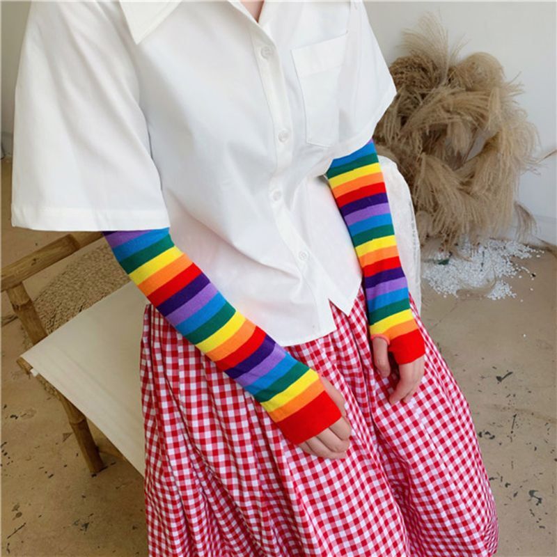 Женская одежда для девочек Harajuku, длина до локтя, рукава без пальцев, теплые Разноцветные полосатые вязаные солнцезащитные перчатки для Хэлл...