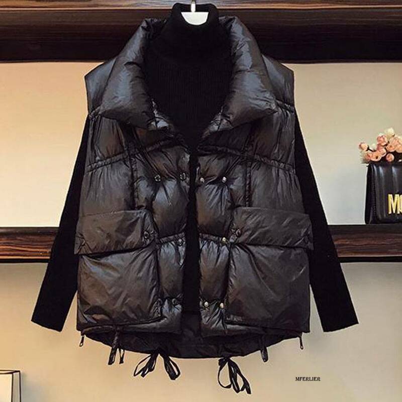 Tamanho 6xl 150kg outono inverno feminino preto colete gola longa colete jaqueta de algodão acolchoado feminino à prova de vento quente colete