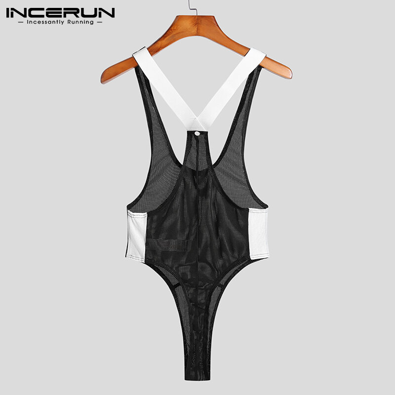 Comfortable Homewear 2022 Men Sexy Leisure Splicing Onesies Male Well Fitting Breathable Mesh Sleeveless Bodysuit S-5XL INCERUN