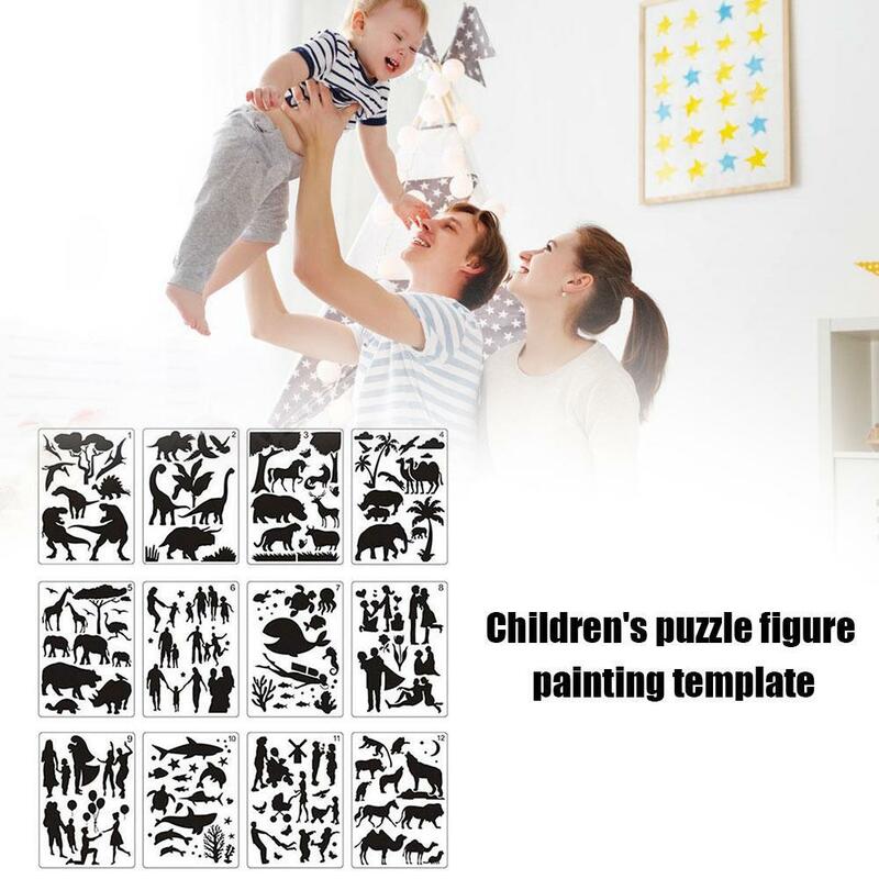12pcs /set of A4 character painting template, children's plant and puzzle animal template, template R9V9