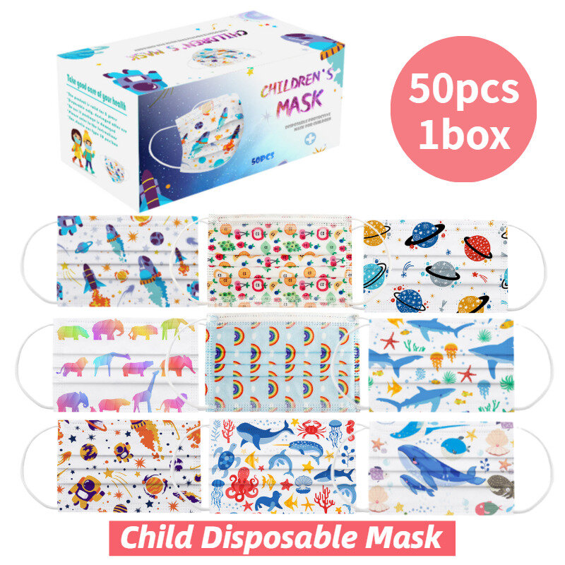 Mascarilla desechable de 3 capas con caja para niños, máscara gruesa de higiene con filtro, máscara de Cosplay para Halloween, 50 unidades