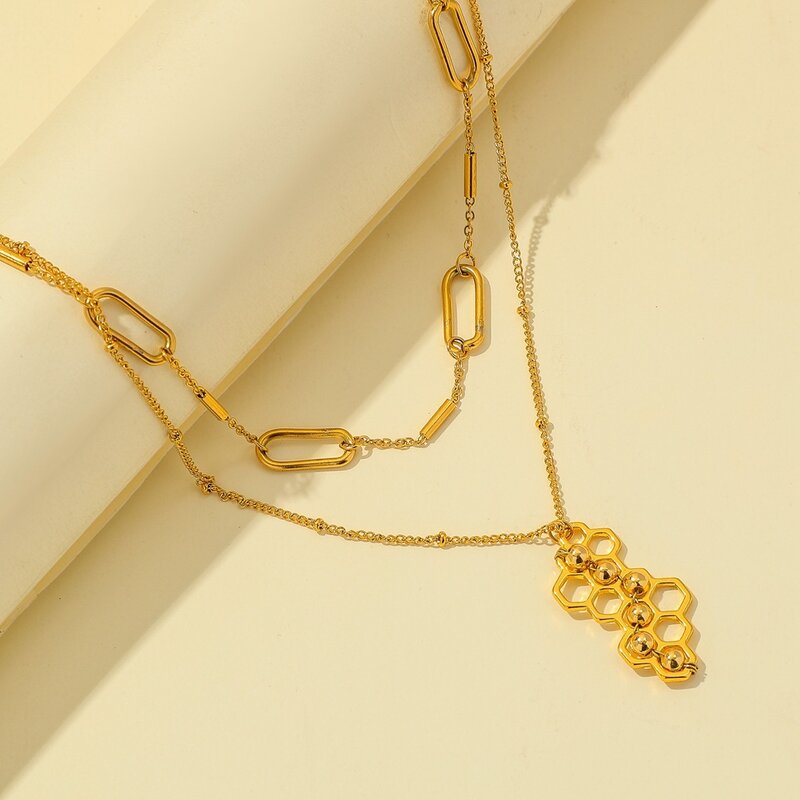 Collier de luxe double couche en acier inoxydable, perle en nid d'abeille dorée, chaîne à clavicule de tempérament simple, accessoires de mode