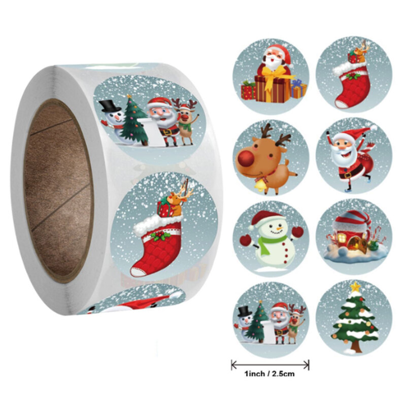 Feliz natal adesivos 500 pces/rolo árvore de natal papai noel boneco de neve redondo adesivos caixa de cartão artesanal pacote etiquetas