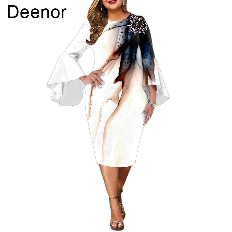 Deenor 5xl Plus Size Dresses for Women 2021 Autumn New Painting Sheath Dress Evening Outfits Elegant Wedding Party Dress