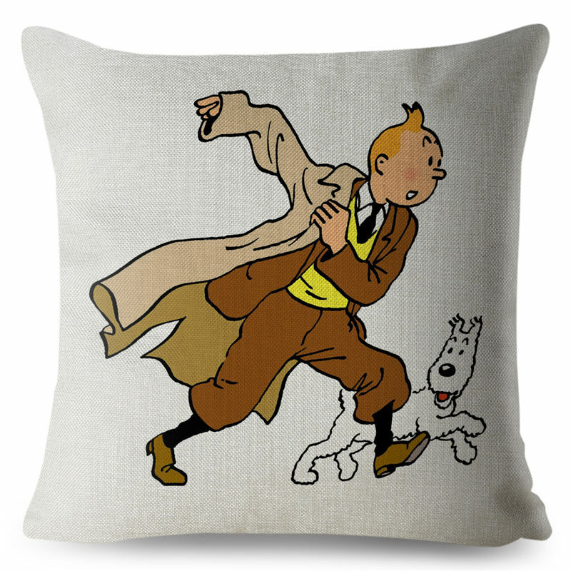 หมอนการ์ตูนการผจญภัยของ Tintin พิมพ์หมอนโยนสิ่งทอเบาะรองนั่งผ้าลินินหมอน Case โซฟาตกแต่งบ้านหมอ...