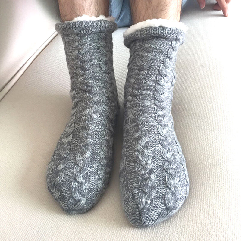 Men's Autumn Winter Thicken Plush Knitted Cotton Socks Non-slip Home Floor Socks Warm Mid-calf Hosiery Snow Slippers Socks