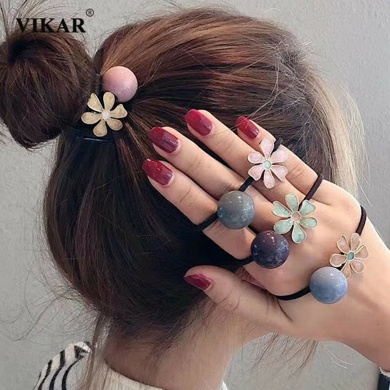 New Girls Cute Round Beads Elastic Hair Band Women Sweet Flowers Hair Tie Ponytail Holder Rubber Bands Fashion Hair Accessories