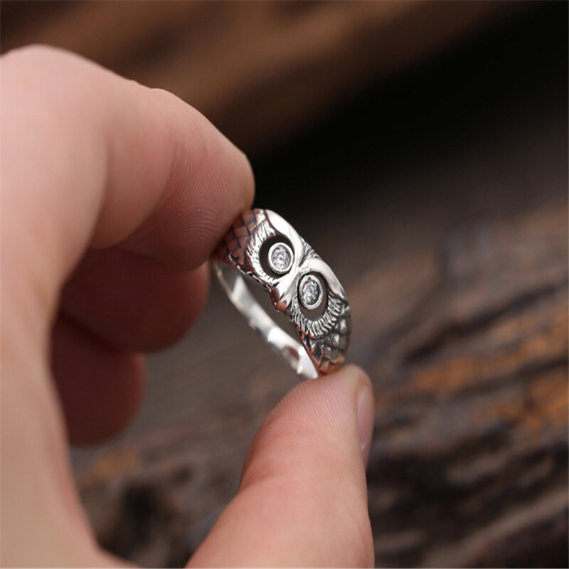 Vintage fashion neutralna metalowa sowa pierścionek z cyrkonią w stylu casual, imprezowa, prosta srebrna metalowa obrączka