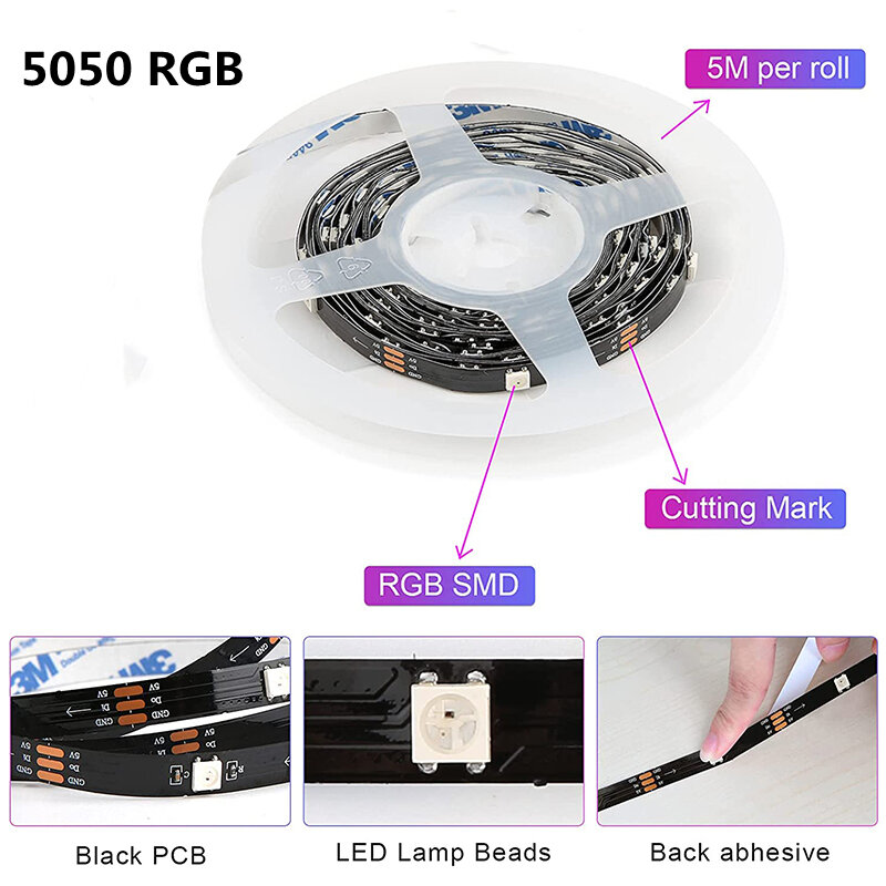 Bande lumineuse LED, 1M-30M, USB, Bluetooth 5050, SMD DC 5V, Flexible, ruban de lampe, TV, écran de bureau, rétro-éclairage, Diode Fita