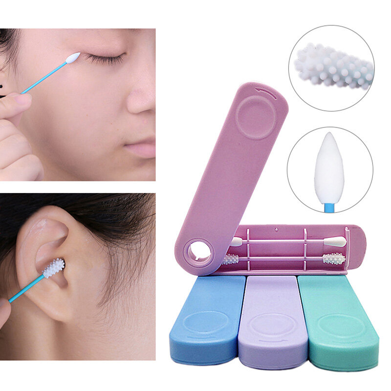 2 Buah Kapas Dapat Digunakan Kembali Pembersih Telinga Kosmetik Silikon Tunas Penyeka Tongkat Dua Kepala Daur Ulang untuk Membersihkan Makeup
