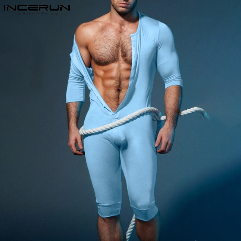 INCERUN Fashionable Casual Style Loungewear New Men All-match Onesies Sexy Hot Sale Solid Comfortable Sleeve Jumpsuit S-5XL 2021