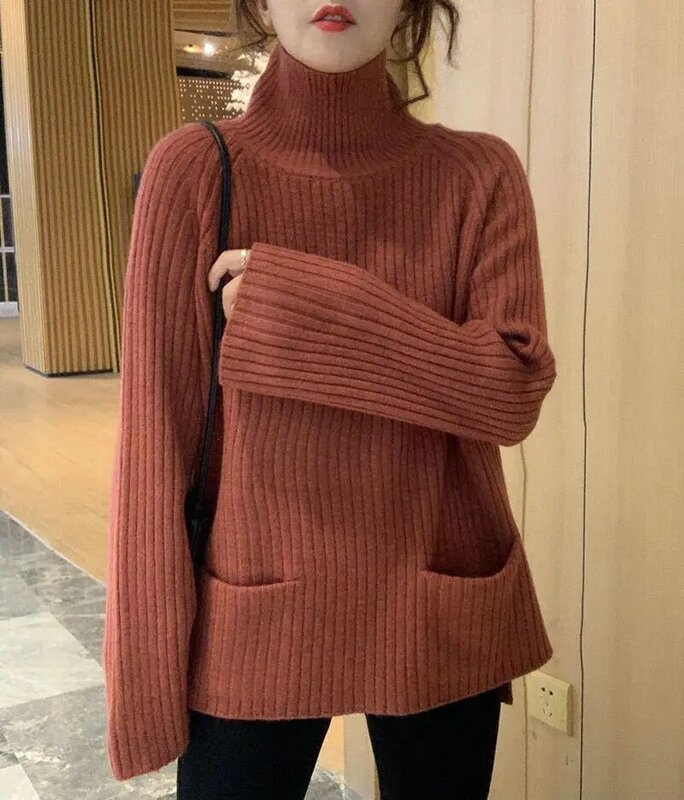 Suéter de punto con bolsillo para mujer, suéter informal simple, cuello alto, fino, suelto, camisa de fondo, otoño e invierno, 2021