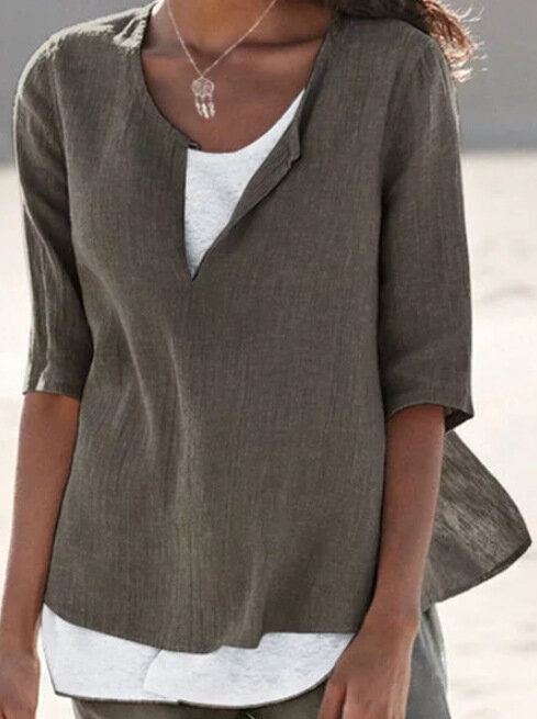 Blusa informal de lino con media manga y cuello en V para verano, camisa elegante para mujer, talla grande 5xl