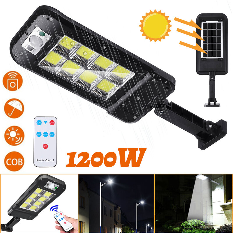 Lâmpada solar de led 1200w 160cob, à prova d'água, sensor de movimento pir, controle remoto, lâmpada de jardim, área externa, lâmpada de rua, iluminação de rua