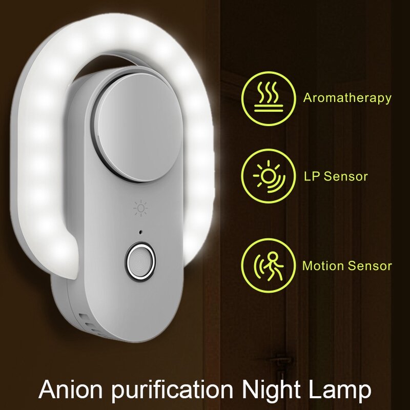Lámpara nocturna de purificación de iones 2 en 1, limpiador de aire con carga USB de 120 grados, iluminación suave de inducción, luz nocturna de pared