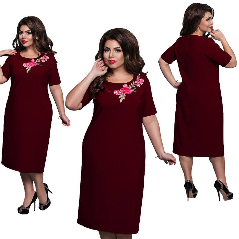 Vestido bordado elegante, 6xg, mulheres primavera verão, vestido de festa plus size, midi, reto, tamanho grande, vestido slim vermelho